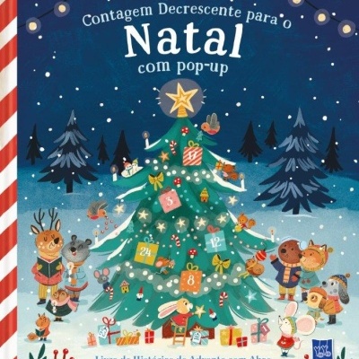 Capa de livro de Natal ilustrada com pinheiro e animais em roupas de inverno