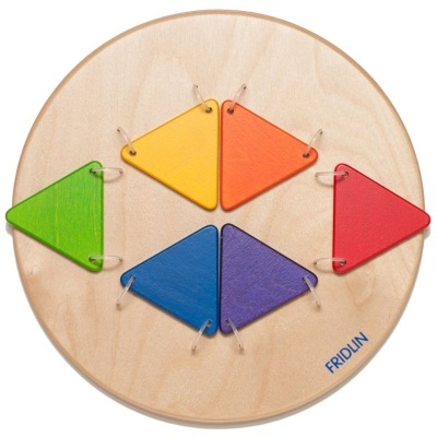 Brinquedo educativo de madeira com peças triangulares coloridas e texto FRIDLIN