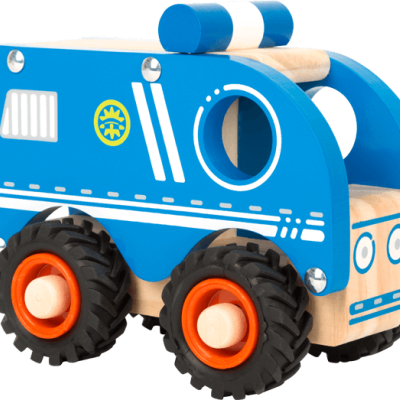 Brinquedo veículo de madeira azul com rodas pretas e alaranjadas