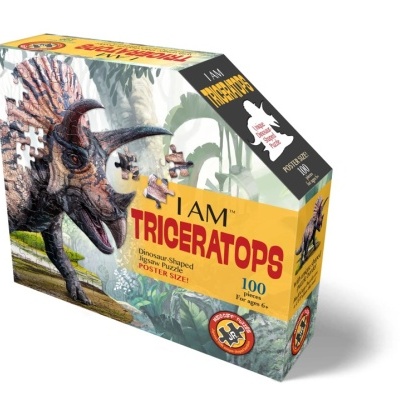 Embalagem de puzzle do Triceratops com 100 peças, cores amarelo, verde e cinza