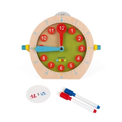 Relógio educativo de madeira verde e vermelho com marcadores e cartão de aprendizagem