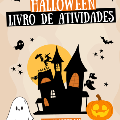Capa de livro de atividades Halloween com casa assombrada, abóbora, fantasma e morcegos