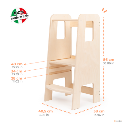 Torre de aprendizagem em madeira clara com dimensões e selo italiano