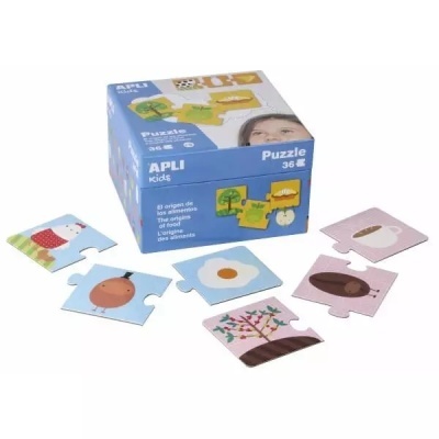 Caixa azul de puzzle infantil APLI Kids com peças coloridas ilustradas