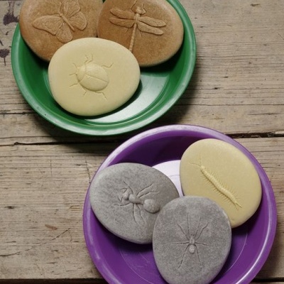 Seis sabonetes ovais com relevos de insetos em tigelas plásticas verde e roxa sobre madeira