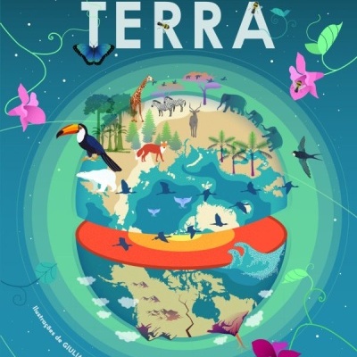Capa de livro com ilustração da Terra e animais diversos