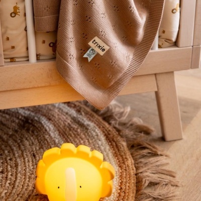 Cobertor bege pendurado em berço com brinquedo de leão amarelo no tapete