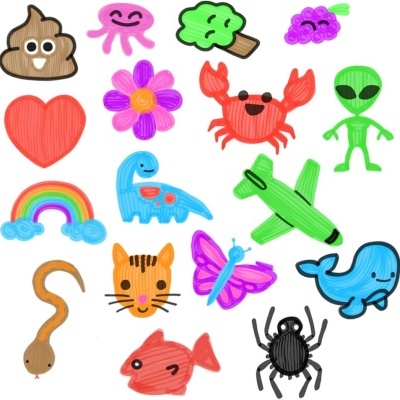 Desenhos coloridos variados incluindo animais, objetos e símbolos sobre fundo branco