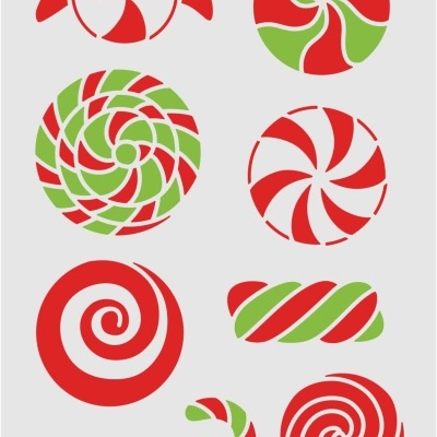 Oito doces vermelhos, verdes e brancos com padrões espiralados e bastões