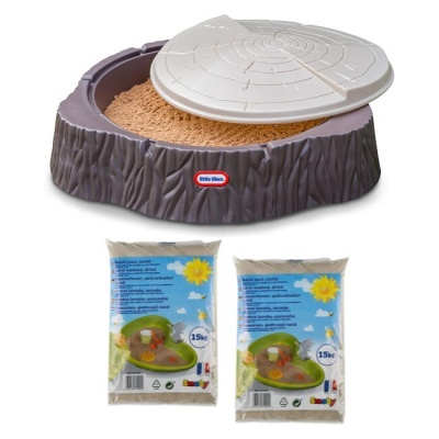Caixa de areia Little Tikes tipo tronco de árvore com tampa bege e duas sacas de areia de 15 kg cada