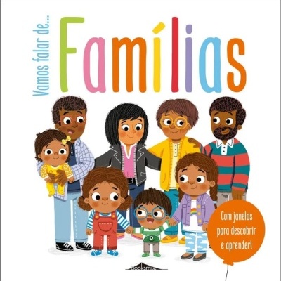 Capa de livro infantil colorida sobre famílias com personagens e texto