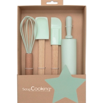 Conjunto de utensílios de cozinha Scrap Cooking com espátulas, batedor e rolo de massa em verde menta e madeira clara