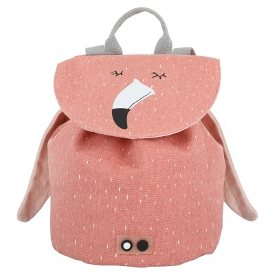 Mochila infantil cor-de-rosa com rosto de flamingo e alças laterais em tecido.