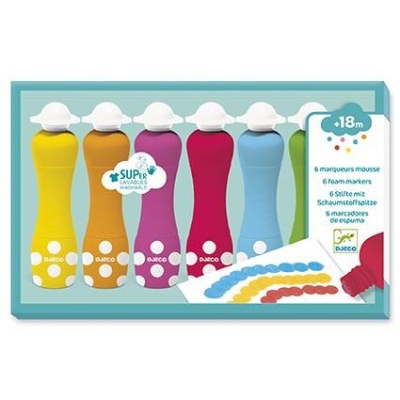 Conjunto de 6 marcadores de espuma coloridos com tampas brancas numa embalagem azul.