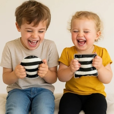 Duas crianças sorrindo segurando bolas macias listradas em preto e branco