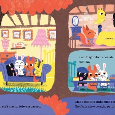 Página ilustrada de livro infantil com animais antropomórficos em casa acolhedora