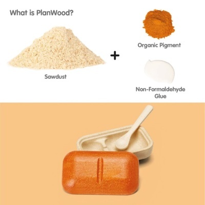 Ingredientes e produto final PlanWood: serradura, pigmento orgânico laranja, cola sem formaldeído, sabonete laranja em recipiente bege
