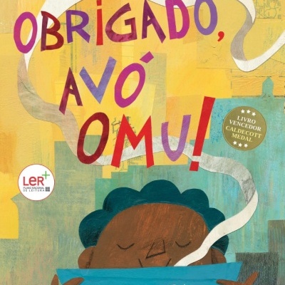 Capa de livro Obrigado, Avó Omu! com ilustração de pessoa segurando tigela azul