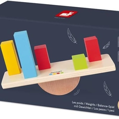 Brinquedo de equilíbrio em madeira colorido com embalagem azul escura