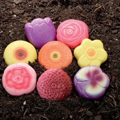 Sabonetes coloridos em forma de flores e frutas sobre terra