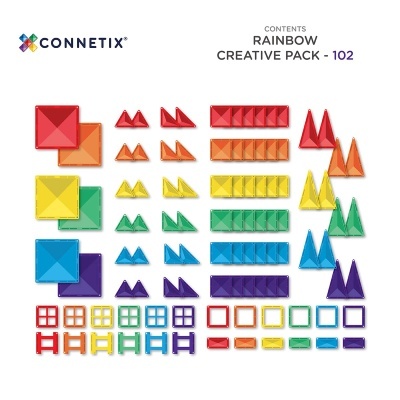 Peças de construção coloridas Connetix Creative Pack 102 arranjadas numa grelha sobre fundo branco