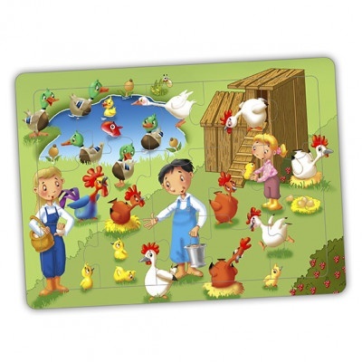 Puzzle infantil com crianças, patos, galinhas e lago numa quinta colorida