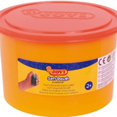 Pote amarelo de massa para moldar com tampa vermelha e rótulo colorido da marca Jovi