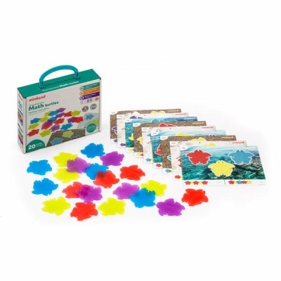Conjunto educativo Miniland Math Turtles com tartarugas coloridas e cartões para atividades matemáticas.