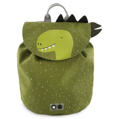 Mochila infantil verde com rosto de dinossauro e detalhes em relevo
