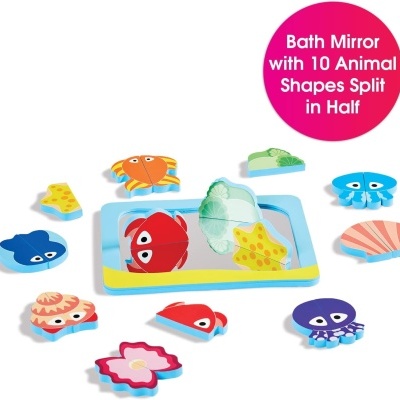 Espelho de banho com 10 formas de animais divididas ao meio