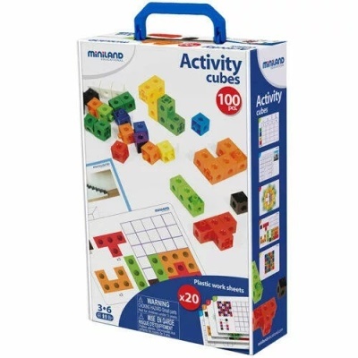 Embalagem de brinquedo Miniland Activity cubes com cubos coloridos e folhas de atividades