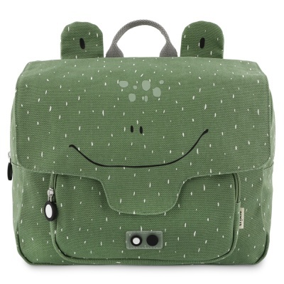 Mochila verde texturada com padrão branco e desenho de rosto