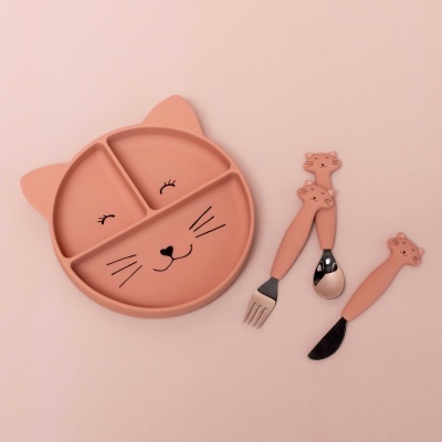 Prato dividido e talheres para crianças em silicone rosa com tema de gato