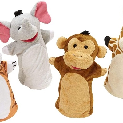 Fantoches de pelúcia de tigre, elefante, macaco e girafa