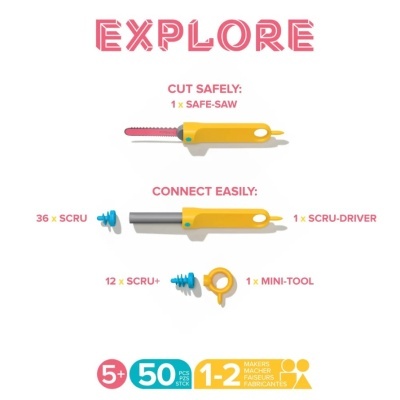 Conjunto infantil de ferramentas coloridas sobre fundo branco com texto explicativo.