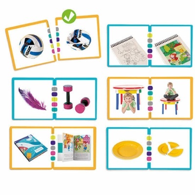 Seis pares de fotos mostrando brinquedos e objetos infantis coloridos para atividades lúdicas