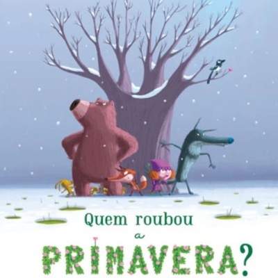 Capa de livro ilustrada com animais e uma menina junto a uma árvore no inverno.