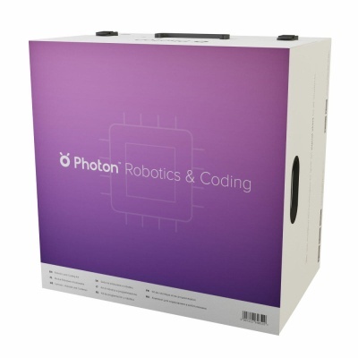 Caixa de embalagem de produto com texto Photon Robotics & Coding e gradiente roxo