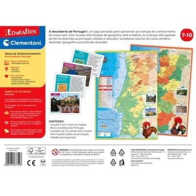 Embalagem traseira de puzzle educativo 2 em 1 com mapa de Portugal e imagens de animais e monumentos.
