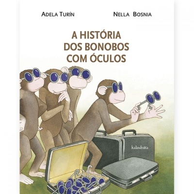 Capa de livro com ilustração de bonobos usando óculos e texto em português.
