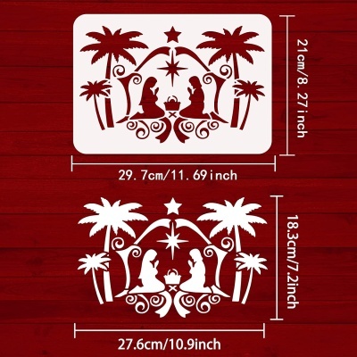 Stencil decorativo branco com figuras de duas pessoas ajoelhadas, estrela e palmeiras sobre fundo vermelho de madeira