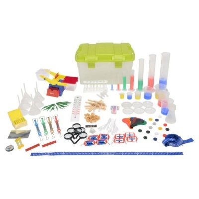 Kit de materiais científicos coloridos com caixa plástica verde e branca