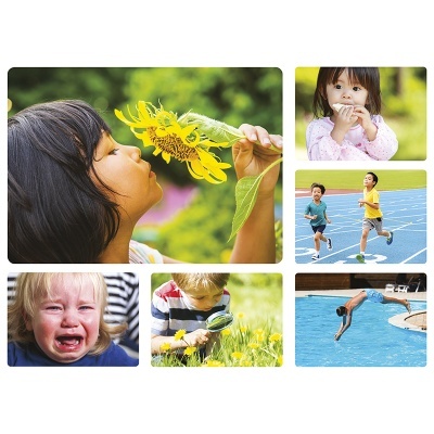 Collage de crianças em atividades ao ar livre com girassol, corrida, lupa, piscina e expressões diversas.
