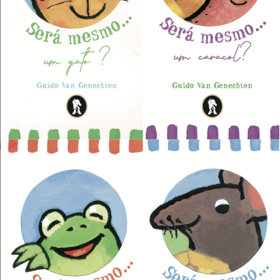 Quatro capas de livros infantis com desenhos de animais e texto em português.