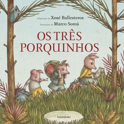 Capa do livro 'OS TRÊS PORQUINHOS' com ilustrações de três porquinhos na floresta
