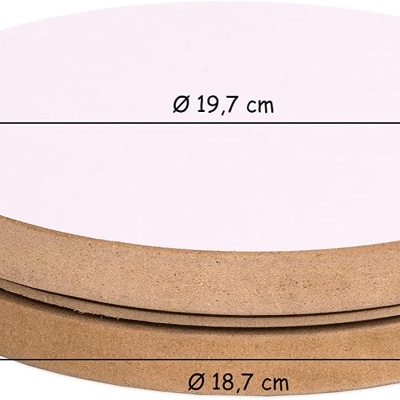 Caixa redonda em cartão rígido com tampa branca, medidas indicadas