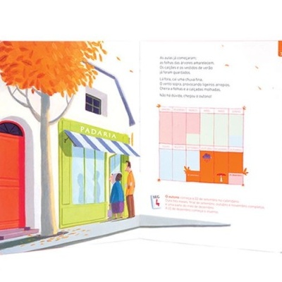 Livro infantil aberto com ilustração de uma rua e texto em português