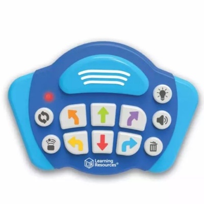 Comando de brinquedo azul com botões coloridos e texto Learning Resources