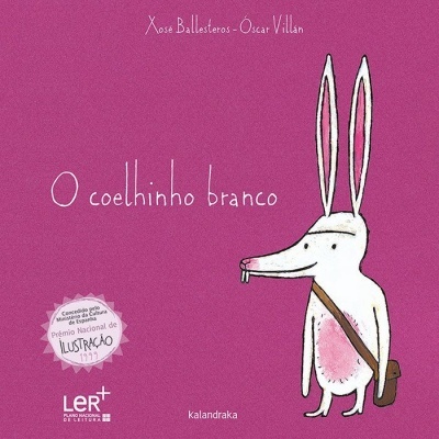 Capa de livro infantil com desenho de coelho branco e texto em fundo rosa