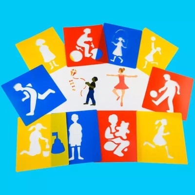 Cartões coloridos com silhuetas de pessoas em várias atividades sobre fundo azul